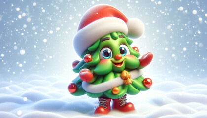 Wall Mural - 3D funny Christmas tree cartoon on snowy background. Christmas concept