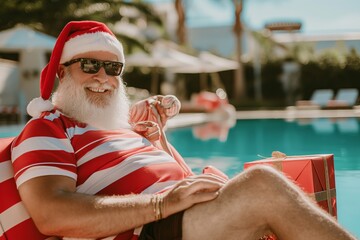 Santa Claus is enjoying a relaxing summer vacation by the pool, taking a break from the festive holiday season, basking in the sunshine and rejuvenating before the Christmas celebrations