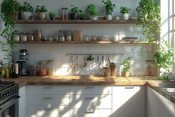 Poster - a minimalist kitchen with clean lines, open shelves, and essential cookware, emphasizing simplicity.