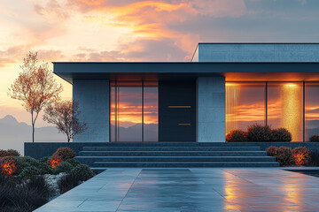 Poster - a minimalist home exterior with clean lines, natural materials, and a simple color palette, reflecti