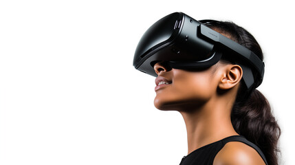 A beautiful woman wearing a VR headset is isolated on a white background. Women Engaged in Virtual Reality Experience