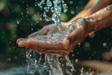 Aufkleber - Hands are being thoroughly washed under a steady stream of clean water amidst a lush, vibrant background during the day. Generative AI