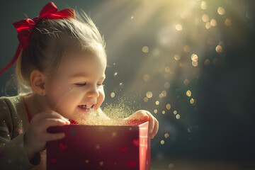 Child girl opening present box with golden light and sparkles. christmas anniversary day gift. High quality photo