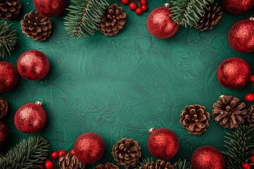 Wall Mural - this festive christmas background showcases red ornaments and pinecones, ideal for holiday card desi