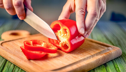 Detail of a hand cutting a pepper