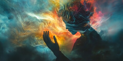 Wall Mural - abstract digital art with colorful smoke, woman, and glowing hand reaching up