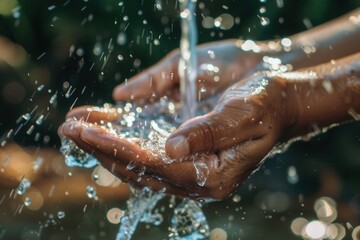 Aufkleber - Water flows over hands in a natural environment, highlighting the importance of hygiene and cleanliness during outdoor activities. Generative AI