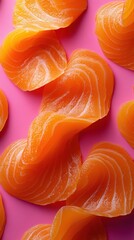 Close-up Top view of thin slices of arranged  smoked salmon on a pink background with studio light 