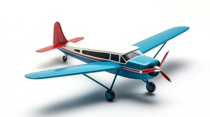 A blue and red airplane is sitting on a white background