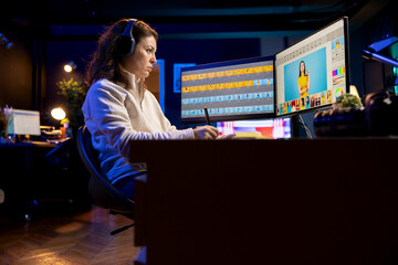 Poster - photo editor listening music using graphic tablet to edit lighting and color balance, delivering pho