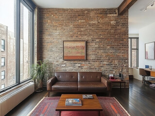 A living room with exposed brick walls, where the bricks vary in color and texture, celebrating natural imperfection --ar 4:3 --style raw --v 6.1 Job ID: 7de53767-30c4-4120-93eb-6c29fa9771f2