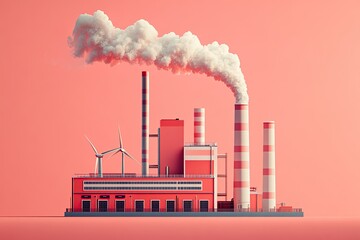 Industrial factory with smokestacks and wind turbines.