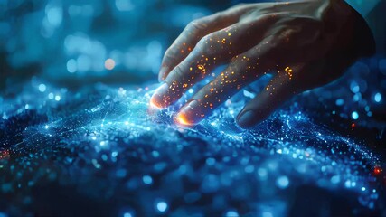 Poster - Finger touching digital hologram. Futuristic technology concept