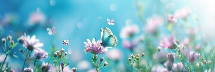 Poster - Colorful butterflies dance around blooming meadow flowers, creating a lively atmosphere in a sunlit landscape. Generative AI