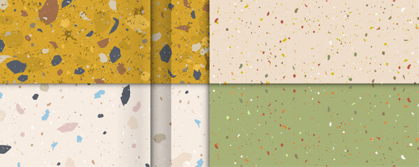 Set seamless terrazzo patterns. Pattern for ceramics marble natural stone. Vector stock illustration textured shapes in vibrant colors