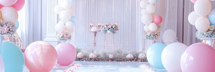 Canvas Print - A wedding ceremony venue is beautifully decorated with elegant white and pastel balloons, creating a romantic atmosphere for the celebration. Generative AI