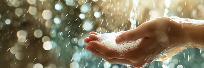 Aufkleber - Water cascades over soapy hands in sunlight, highlighting the importance of washing for hygiene and health. Generative AI