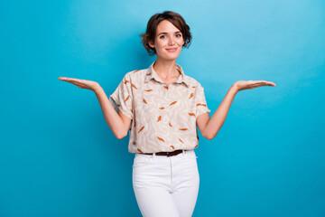 Photo of pretty person arms palms hold demonstrate empty space vs scales isolated on blue color background