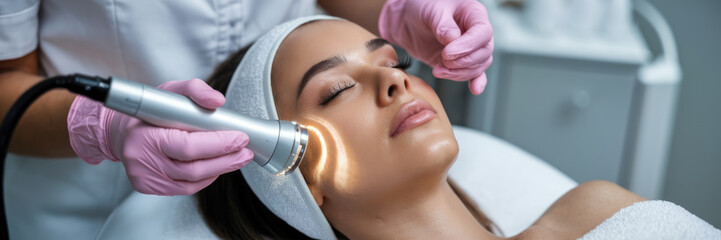 a woman is getting a facial treatment. a woman is holding a device to her face. a woman is wearing g