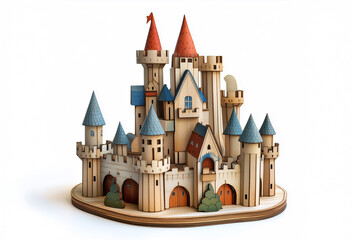 Colorful handmade wooden castle toy with turrets and towers