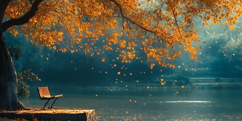 Wall Mural - Autumn Leaves Falling on Bench by Lake