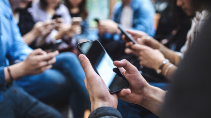 A group of people are sitting together and looking at their cell phones. One person is holding a black phone