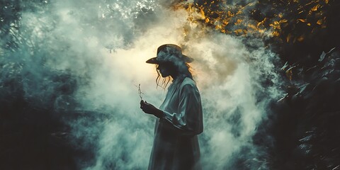 Wall Mural - Silhouette of Woman in Hat Standing in a Foggy Forest