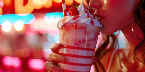 Sticker - A woman enjoys a milkshake with a red and white striped cup. AI.