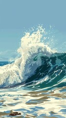 Poster - A powerful wave crashes against the ocean. AI.