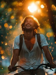 Wall Mural - A man riding a bike at sunset, smiling and enjoying the moment. AI.