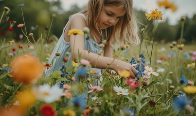 Sticker - A young girl picks flowers in a field. AI.