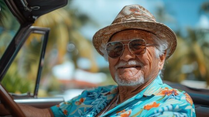 Canvas Print - A smiling man in a hat and sunglasses drives a convertible. AI.