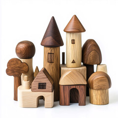 Handmade wooden village toy set with houses and towers