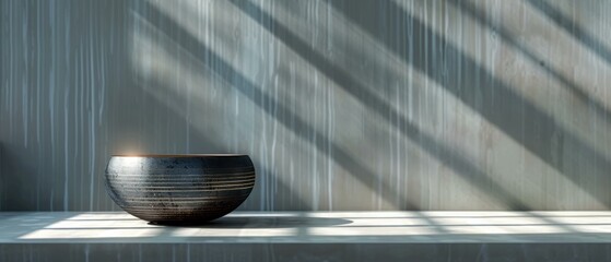 Canvas Print - A dark bowl sits on a table in front of a wall with light streaming through the window. AI.