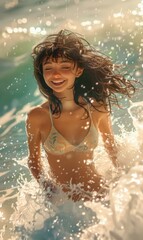 Wall Mural - A woman with long hair smiles happily while playing in the water. AI.