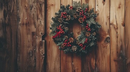 Poster - Holiday wreath with pinecones on rustic wood background