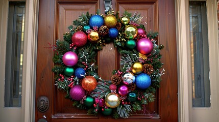 Sticker - Colorful Christmas Wreath on Wooden Door