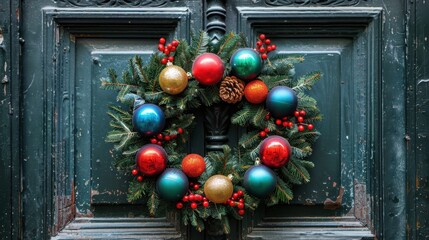 Wall Mural - Christmas Wreath with Colorful Ornaments on Door