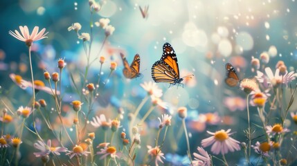 Poster - Butterflies flutter around a vibrant meadow of wildflowers, basking in the warm sunlight of a beautiful spring afternoon. Generative AI