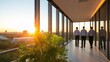 © lisbeth - Business professionals walk through a modern office at sunset, showing their ambition to succeed
