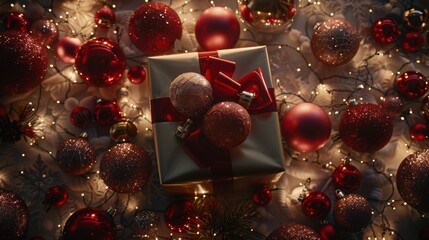 Poster - Festive Gift with Red Decorations and Ornaments