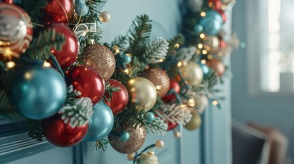 Canvas Print - Festive Holiday Garland with Ornaments and Lights