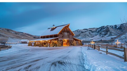 Wall Mural - Scenic Winter Barn with Snowy Landscape at Dusk