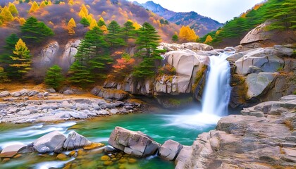 Beautiful scenery of Wuling Mountain Falls and streams, rich autumn colors.