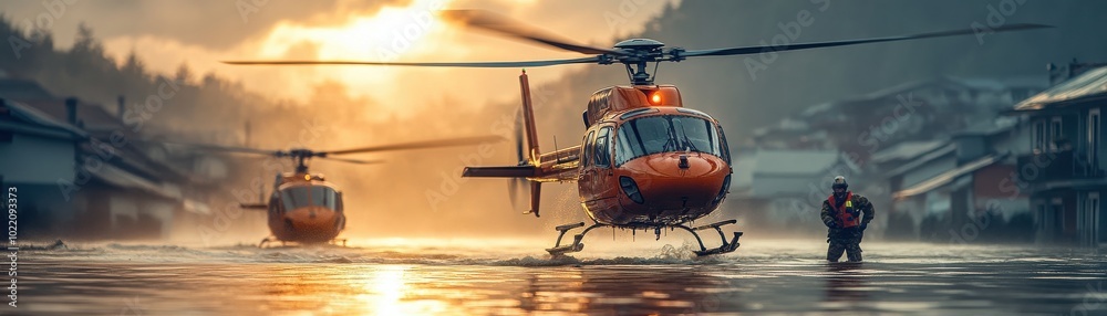 Helicopters in action during a rescue operation at sunset, creating a ...