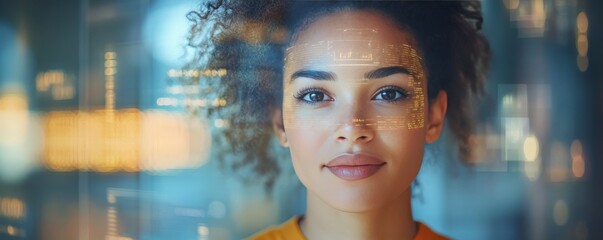 Poster - Woman with Digital Interface Projected onto Her Face