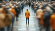 © starush - Man in Orange Jacket Standing Still Amidst Blurred Crowd, AI