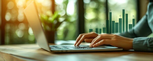 Poster - Person's hands typing on a laptop with a green bar chart graphic overlay