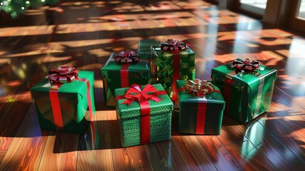 Sticker - Colorful Christmas Gifts on Wooden Floor