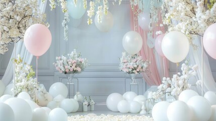 Canvas Print - An enchanting wedding ceremony features elegant white and pastel balloons, surrounded by floral arrangements and soft drapery for romance. Generative AI